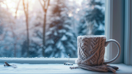 Obraz na płótnie Canvas Cozy mug in knitted sweater against a frosty winter backdrop during sunrise.