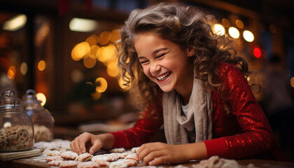 Obraz na płótnie Canvas Smiling females enjoy Christmas lights in cozy home generated by AI