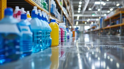 Obraz premium Industrial cleaning supplies in a warehouse showcasing various colorful detergent bottles.