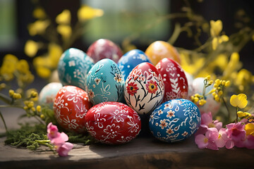 Multi-colored painted eggs and flowers