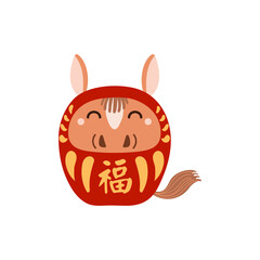 Chinese zodiac sign, cute cartoon horse daruma doll character illustration, text Fortune. Traditional Japanese craft. Isolated vector. Flat style design. Lunar New Year holiday card, banner element