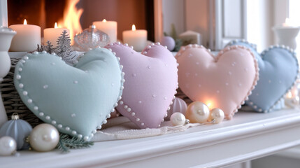 Assortment of pastel fabric hearts with pearl embellishments on a festive mantle