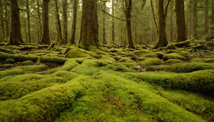 Fototapeten Enchanted forest floor gradient from moss green to earthy brown © Hans