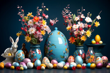 Easter ceramics bunny and colorful eggs in Easter decor