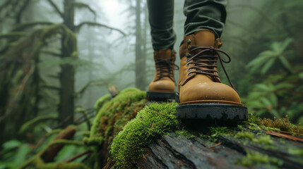 Hiker's boots on a mossy log in a misty forest exuding a sense of adventure