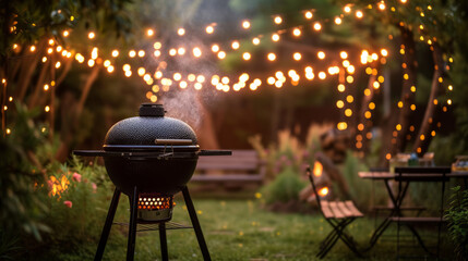 A large smoking charcoal grill ready for a summer feast during a festive outdoor gathering