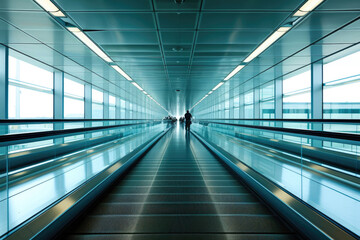 A high-speed walkway at the airport, disappearing into the distant horizon