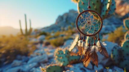 Earthy-colored dreamcatcher hanging in a desert landscape at sunrise