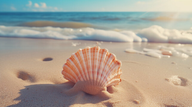 Warm summer beach vacation holiday. Stunning sea shell on the beach with sand and waves texture, Ai generated image