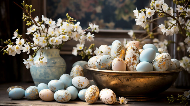 Painted blue golden eggs and white flowers in interior.