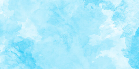 Turquoise color handmade cloudy natural blue watercolor background, Watercolor Shades The White Cloud and Blue Sky with small clouds, Abstract cloudy hand paint splash stain backdrop banner.