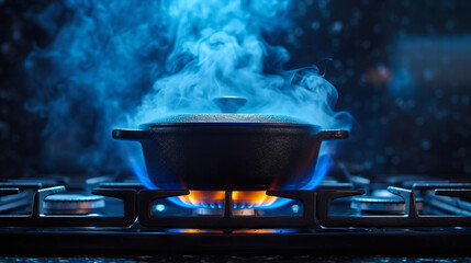 A simmering cast iron pot on a gas stove with blue flames and steam