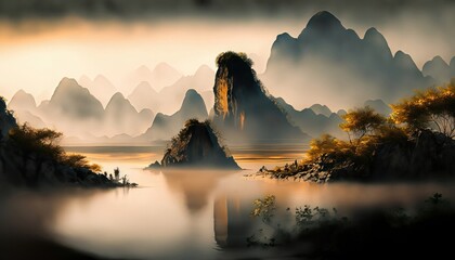 Chinese inkwash painting Majestic mountains Lush forests, Glittering lakes, Desert dunes, Golden sunsets , generated by AI
