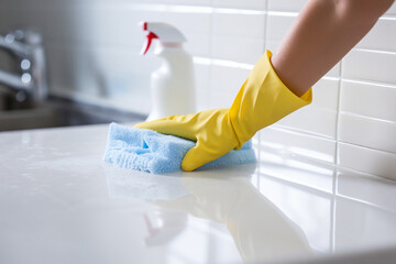 Home cleaning, hands in protective gloves with and a microfiber cloth. Bathroom cleaning