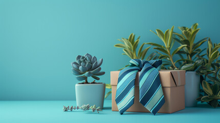 Striking Father's Day setting with gift box and decorative plants on vibrant background