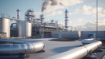 Industrial view at oil refinery plant pipe line, Equipment with sunrise and cloudy sky