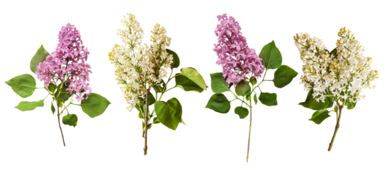 Romantic set of white and purple lilac for valentine day and love illustration. Spring fowers on white background. Valentines Day. Lilac isolated on a transparent background. Flat lay, top view. 
