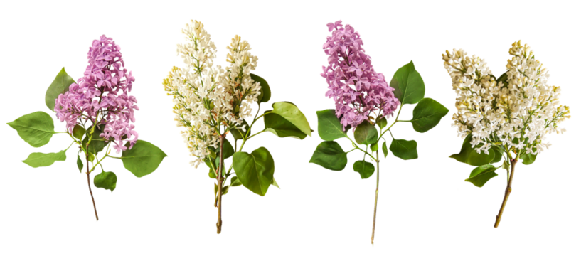Romantic set of white and purple lilac for valentine day and love illustration. Spring fowers on white background. Valentines Day. Lilac isolated on a transparent background. Flat lay, top view. 
