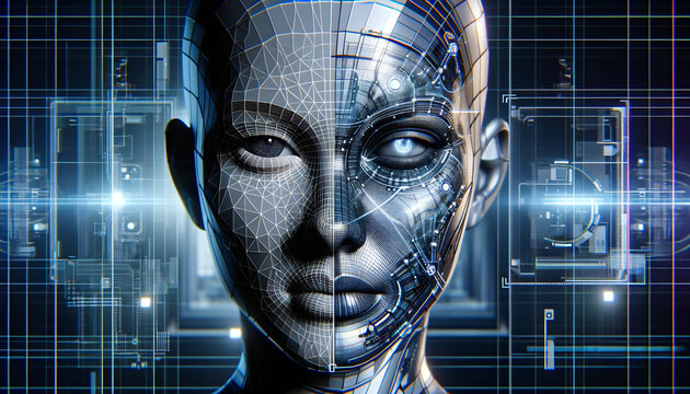 Face ID, a futuristic concept image of a cyber woman with a robot face, illustrating the facial recognition system concept, Created by using generative AI tools	
