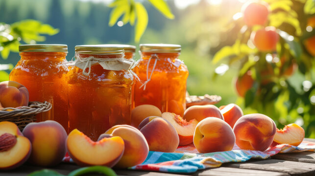 Homemade jam and ripe peaches displayed on a sunny rustic wooden table