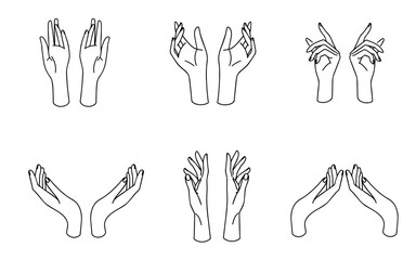 Woman's hand icon collection line. Vector Illustration of Elegant female hands of different gestures. Lineart in a trendy minimalist style.