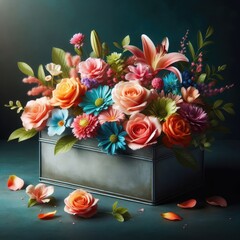 A rectangular metallic container holding a beautiful arrangement of various flowers, including roses and lilies, in shades of pink, orange, blue, and green. The scene is set against a dark teal backgr
