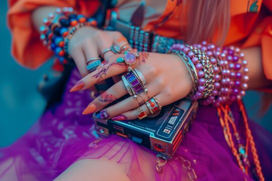 A close-up of a Y2K girl's accessorized hands, showcasing chunky rings, vibrant nail art, and a wrist full of jelly bracelets, holding a classic MP3 player or a discman