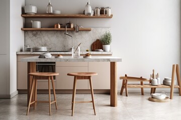 Fototapeta na wymiar Interior scene and mockup, corner kitchen in Scandinavian design, made of marble and wood, dining table and bar stools