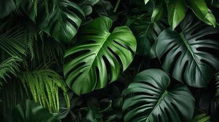 closeup nature view of green monstera leaf and palms, , generated by AI - obrazy, fototapety, plakaty