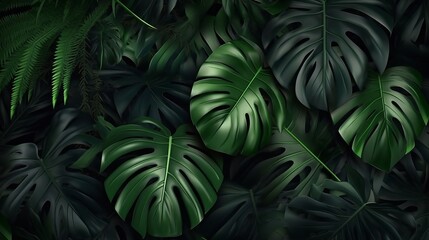 closeup nature view of green monstera leaf and palms, , generated by AI - obrazy, fototapety, plakaty