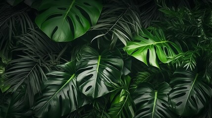 Fototapeta na wymiar closeup nature view of green monstera leaf and palms, , generated by AI