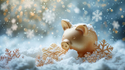 Festive holiday scene with a golden piggy bank nestled in snowy decor.