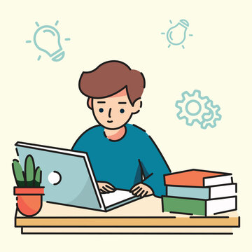 students who are studying at the study table before the exam, flat design vector illustration