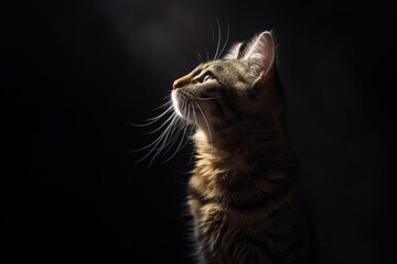 Cat sitting, looking upwards to the side, black surroundings, only her face, ears and fur are illuminated