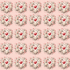 Fototapeta premium Floral Love in Pink: Seamless Vector Pattern with Flowers, Hearts, and Vintage Charm for Summer and Spring Wallpaper, Textile, and Card Design