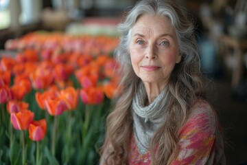 old woman with long gray hair, blue eyes, friendly face, in a flower shop, behind her red tulips