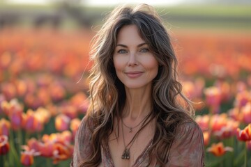 Senior woman with long beautiful brown hair, a pretty face, in front of a flower field with tulips