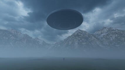 3D illustration. Contact with a UFO in the mountains in the fog.