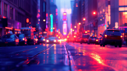 Vibrant city street at dusk bathed in neon lights and bustling activity