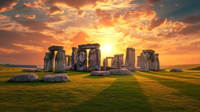 beautiful stonehenge circle of stones with a beautiful majestic sunset sky in high resolution HD