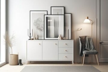 There is a white cabinet in a room with white walls. A light and two framed photos are also present. a mockup