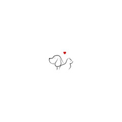 Dog and cat ,beagle dog and a cat with heart shaped above ,love emotional , dog, puppy lover pet care line art cartoon logo vector .