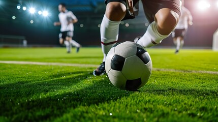 Soccer Match Intensity, Player Dribbling on Big Stadium Field