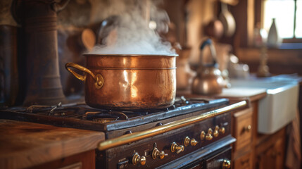 Steam from a vintage copper pot on an old-fashioned stove in a cozy kitchen - obrazy, fototapety, plakaty