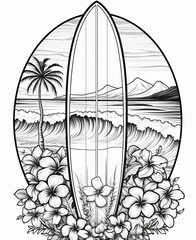 coloring book page white background longboard surf , generated by AI. High quality photo