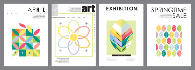 Spring art exhibition banners and posters design template. Creative covers and sale flyers. Abstract leaves, flowers and springtime plants vector illustration. - obrazy, fototapety, plakaty