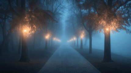 Mystical foggy avenue illuminated by vintage street lamps on a serene night.