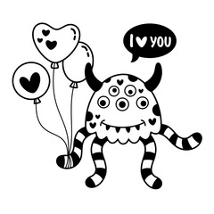 Black and white Monster Valentines clipart. Valentines Day clipart. Monster love in cartoon flat style. Vector illustration.