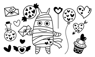 Black and white Monster Valentines clipart. Valentines Day clipart. Monster love in cartoon flat style. Vector illustration.