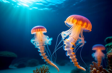 beautiful graceful transparent jellyfish swim, frolic under the water